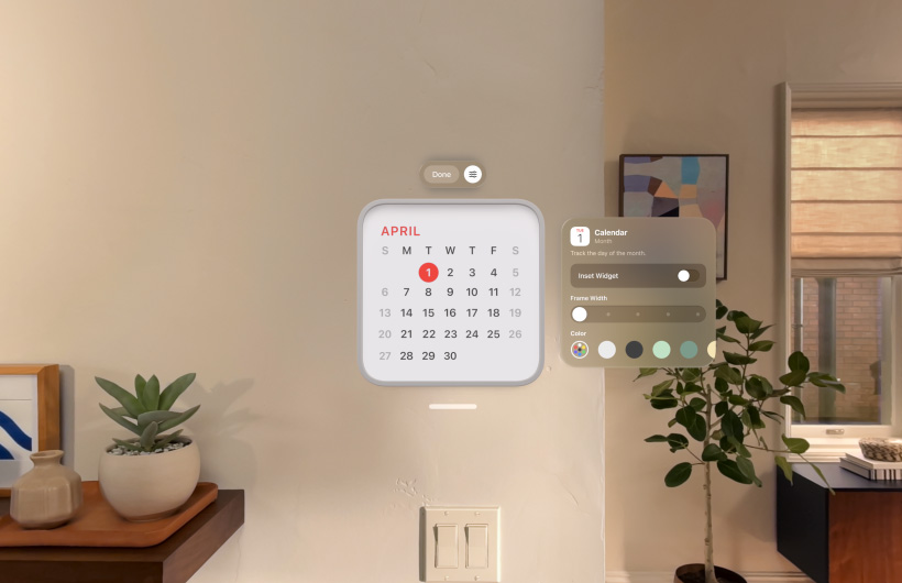 Customizable widgets placed around a room in Apple Vision Pro